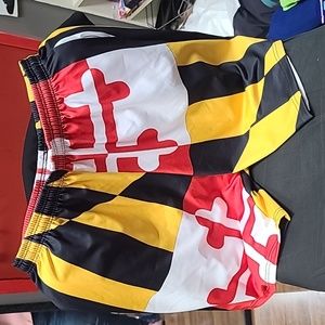 Maryland state flag colors long gym shorts with pockets and drawstring 100% poly